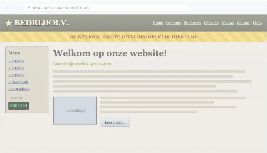 Website voor de transformatie: verouderd ontwerp met onduidelijke structuur en weinig vervolgstappen